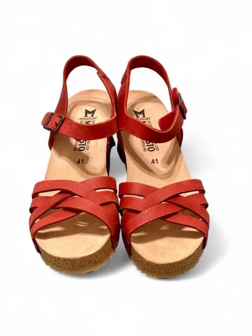 NWOT MEPHISTO AIR-RELAX Red Leather Wedge Sandals